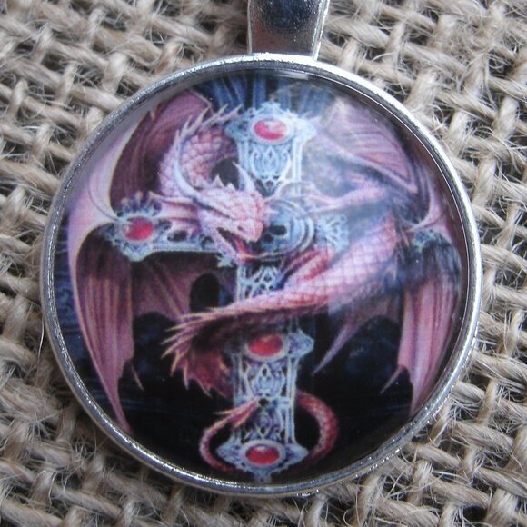 Red Dragon & Celtic Cross Glass Cabochon Pendant Necklace - Picture 2 of 12